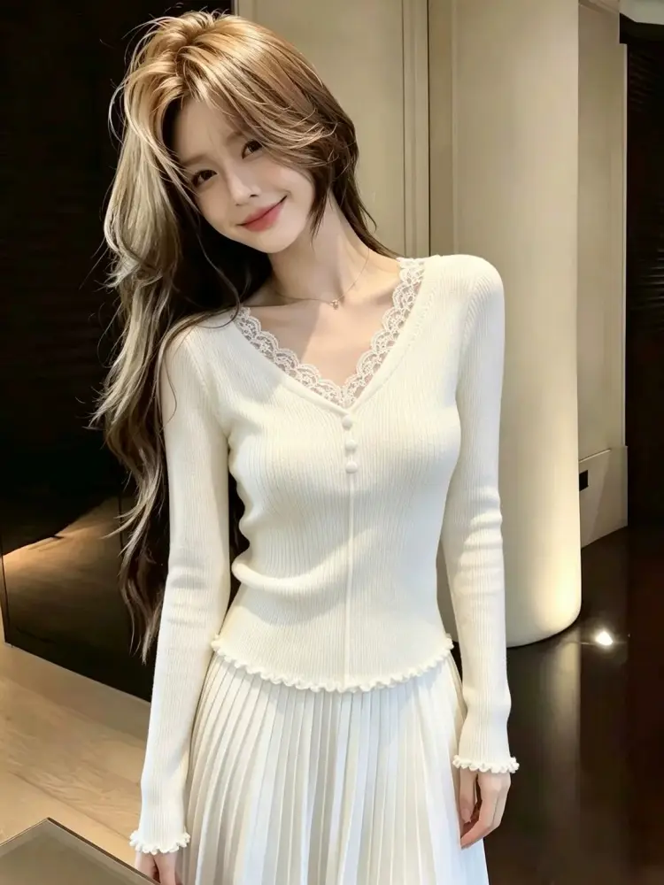 레이스 배색 긴소매 니트