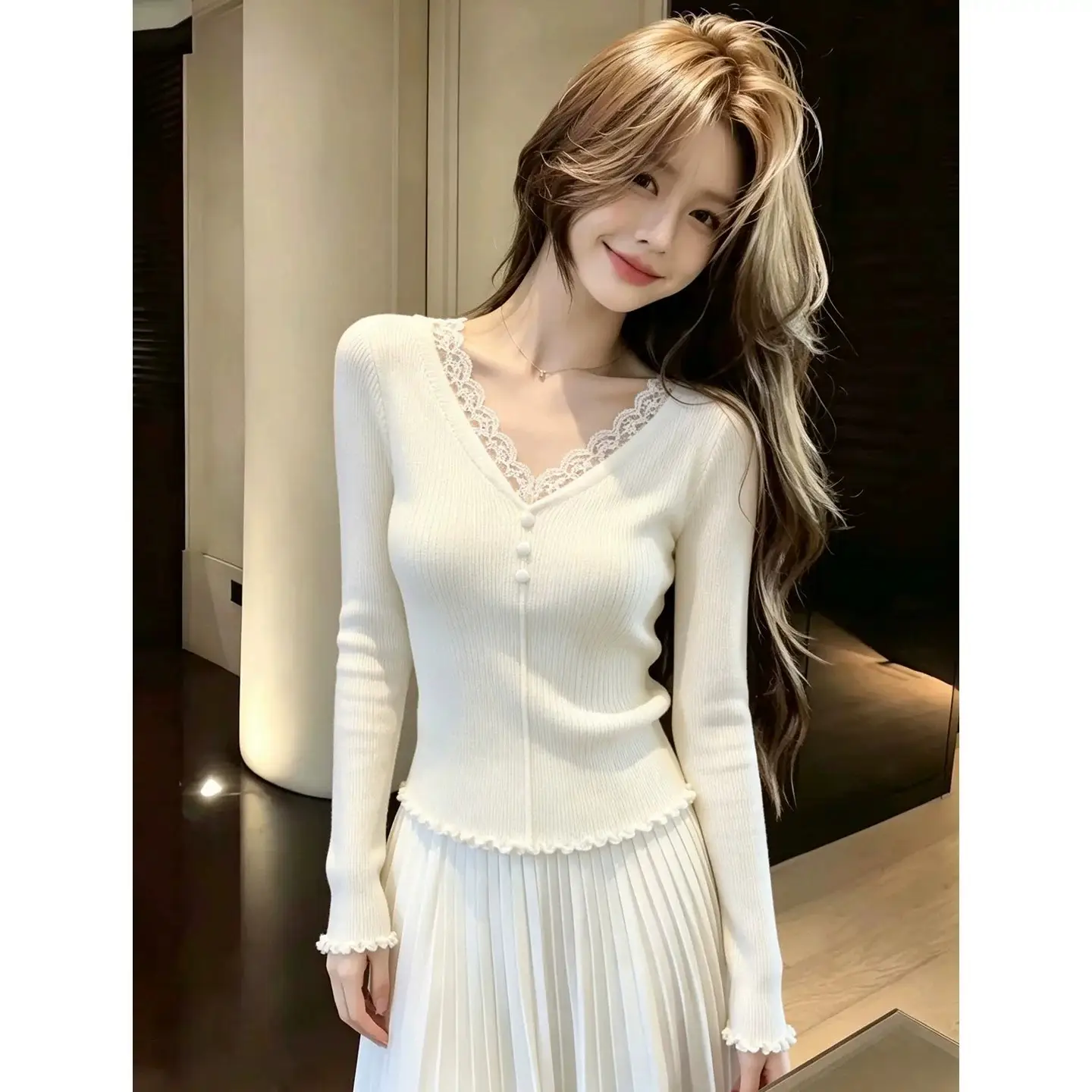 레이스 배색 긴소매 니트 상세 이미지 2