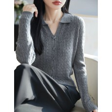 批发法式POLO领纽花针织<b class='q'>打底衫</b><b class='q'>女</b>2026新款精纺纯羊毛减龄麻花保暖毛衣