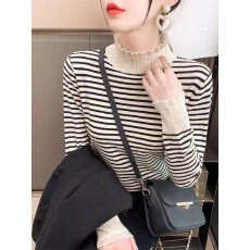 批发高品质韩系春秋条纹针织衫打底衫女<b class='q'>上衣</b><b class='q'>蕾丝</b>领显瘦毛衣女<b class='q'>上衣</b>外穿