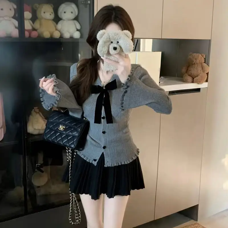 나비 리본 레이스 V넥 니트 상세 이미지 2