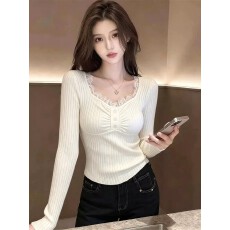 批发蕾丝V领针织打底衫女秋冬长袖修身<b class='q'>显瘦</b>内搭毛衣温柔风针织衫上衣