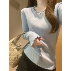 批发韩版甜美少女风木耳边针织上衣女长袖圆领高级感修身<b class='q'>显瘦</b>内搭打底