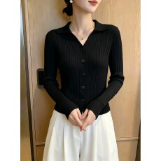 批发通勤风黑色翻领<b class='q'>针织</b><b class='q'>开衫</b>女2026秋季新款今年流行爆款长袖显瘦上衣