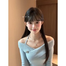 批发韩系蓝色一字肩挂脖针织衫女秋季设计感小众交叉修身显瘦短款上衣
