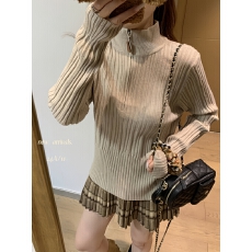 批发复古翻领拉链坑条打底衫女秋冬高级感修身内搭毛衣半高领针织上衣