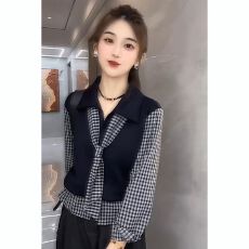 批发大码女装时尚长袖衬衫女2025秋季新款洋气显瘦格子拼接假两件上衣