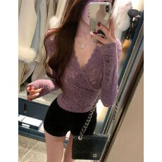 批发紫色斜肩<b class='q'>长袖</b>连衣裙女装秋季收腰紧身显身材裙子气质褶皱包臀短裙