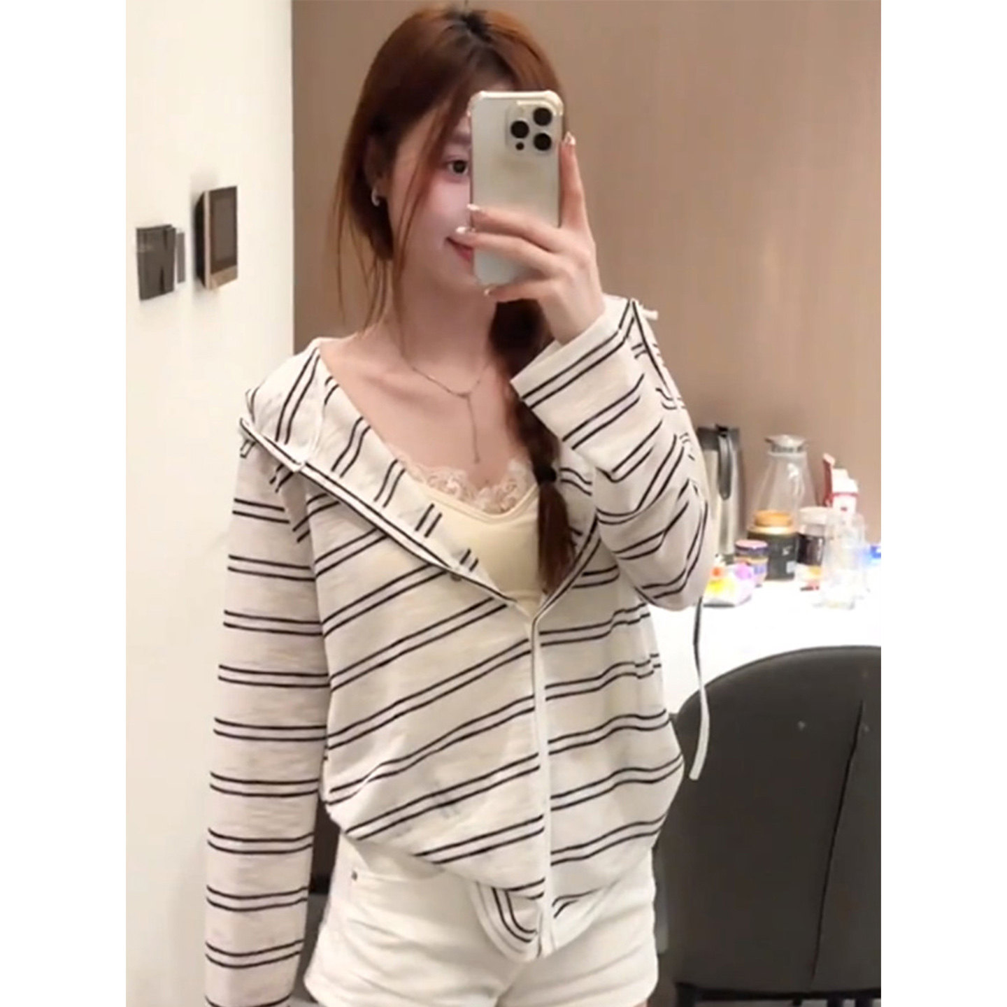 RY70055# 连帽条纹开衫女春秋韩系慵懒风上衣小外套