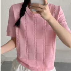 批发2026年春夏季韩版新款时尚圆领麻花方格冰爽丝针织纯色百搭短袖女