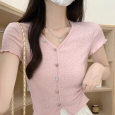 批发v领正肩短袖t恤女夏季2026新款爆款木耳边设计感<b class='q'>短款</b>修身bm风上衣