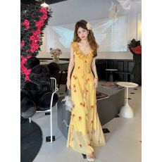 批发2026韩版显瘦碎花<b class='q'>连衣裙</b>女收腰薄荷玫瑰岛双层花边两穿V领<b class='q'>连衣裙</b>