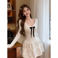 批发千金风白色长袖针织连衣裙<b class='q'>女</b>2025秋冬<b class='q'>新款</b>蝴蝶结收腰优雅气质裙子