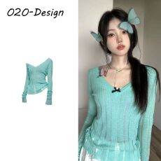 批发辣妹小心机慵懒v领镂空薄款防晒<b class='q'>罩衫</b>设计感破洞收腰长袖打底上衣