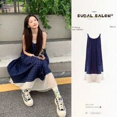 批发蓝色格子无袖连衣裙法式文艺风森系复古小清新度假吊带背心长裙