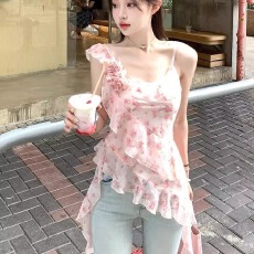 批发碎花<b class='q'>不规则</b>荷叶边吊带背心女夏季设计感收腰修身无袖<b class='q'>雪纺上衣</b>