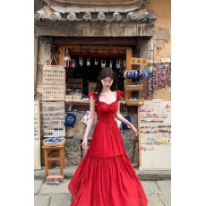 批发法式复古红色波点甜美气质<b class='q'>连衣</b>裙女夏季收腰显瘦度<b class='q'>长裙</b>