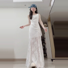 批发2025新款法式白色吊带<b class='q'>连衣</b>裙子女夏季高级感气质蕾丝拼接网纱<b class='q'>长裙</b>