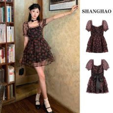 批发茶歇法式碎花连吊带衣裙女夏季收腰显瘦后背<b class='q'>蝴蝶结</b>系带蓬蓬公主裙