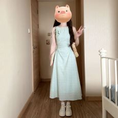 批发蓝色格子<b class='q'>蝴蝶结</b>吊带<b class='q'>连衣裙</b>子女装2026夏季新款长裙度假风初夏穿搭