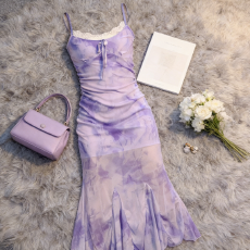 批发夏季高级性感海边度假沙滩包臀鱼尾长裙法式紫色网纱吊带连衣裙女