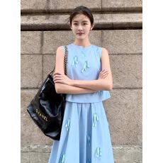 批发2026流行法式蝴蝶结蓝色<b class='q'>无袖</b>套装裙半身裙两件套圆领春夏款休闲风