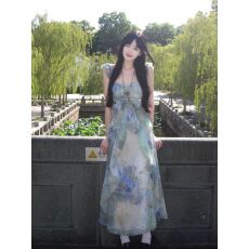 批发法式复古林间浮夏气质度假吊带<b class='q'>连衣裙</b>晕染新款收腰裙子新时尚爆