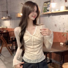 批发原版面料 蝴蝶结V领蕾丝拼接长袖<b class='q'>T</b><b class='q'>恤</b>女秋冬短款修身上衣打底内搭