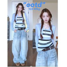 批发实价有货韩系条纹吊带长袖罩衫<b class='q'>上衣</b>春季新款美式阔腿<b class='q'>牛仔</b>裤套装