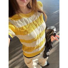 批发撞色条纹贴袋圆领短袖针织衫女春季休闲风修身显瘦套头<b class='q'>上衣</b>