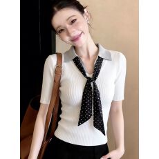 批发韩系白色翻领polo衫针织冰丝短袖女夏小个子正肩修身短款上衣