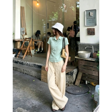 纯棉衬衫布 美式学院风绿色polo领短袖衬衫女夏季新款