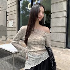 批发气质高级感不规则下摆晕染<b class='q'>花朵</b>斜领长袖上衣