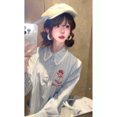 批发蓝色条纹衬衫连衣<b class='q'>裙</b>子女初夏2025年新款小个子花边娃娃领短<b class='q'>裙</b>夏季
