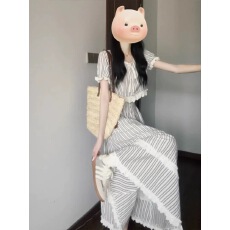 批发夏季女装<b class='q'>时尚</b>套装独特别致条纹上衣a字半身裙子慵懒风一整套穿搭
