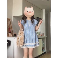 批发法式复古蓝格子小飞袖连衣<b class='q'>裙</b>女夏季小个子收腰显瘦花苞蛋糕短<b class='q'>裙</b>子
