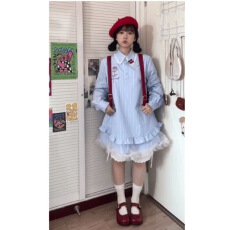批发蓝色条纹衬衫连衣<b class='q'>裙</b>子女初夏2025年新款小个子花边娃娃领短<b class='q'>裙</b>夏季