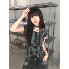 原版面料色织条#露肩飘带设计条纹短袖T恤女辣妹显瘦收腰百搭上衣