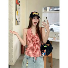 批发原版面料做法#吊带背心女夏新款美背红色<b class='q'>格子</b>辣妹无袖挂脖上衣女