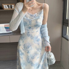 批发法式雪纺碎花吊带连衣裙套装夏季小香风<b class='q'>针织</b>开衫外套两件套女裙子