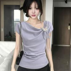 批发<b class='q'>大码</b>胖mm法式荡领立体蝴蝶结短袖T恤女夏季不规则掐腰显瘦小上衣