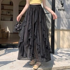 批发不规则蕾丝长裙女<b class='q'>夏</b>季2026新款高腰显瘦a字荷叶边网纱大摆半身裙