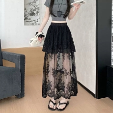 批发<b class='q'>夏</b>季薄款纯欲风蕾丝拼接松紧高腰A字中长款半身裙百搭垂感长裙子
