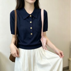 批发法式翻领冰丝针织衫短袖T恤女夏季<b class='q'>新款</b>修身显瘦正肩打底上衣