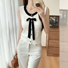批发法式小香风蝴蝶结无袖背心开<b class='q'>衫</b>女夏季新款气质修身<b class='q'>针织</b><b class='q'>衫</b>外穿上衣