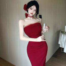 批发高级感气质收腰显瘦宴会礼服长裙纯欲性感<b class='q'>网纱</b>褶皱挂脖抹胸<b class='q'>连衣裙</b>