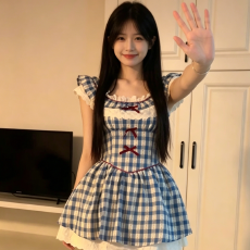 批发日系学院风甜美少女蓝色格纹<b class='q'>连衣裙</b>初夏季新款女学生显瘦超仙短裙