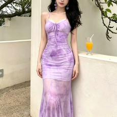 批发法式紫色印花网纱吊带<b class='q'>连衣裙</b>女夏海边度假纯欲性感鱼尾包臀长裙潮