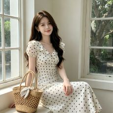 批发法式波点泡泡袖<b class='q'>连衣裙</b>女夏海边度假温柔风收腰气质独特绝美小裙子