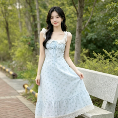 批发蓝色蕾丝吊带碎花<b class='q'>连衣裙</b>子女夏季2026新款高级感气质海边度假长裙